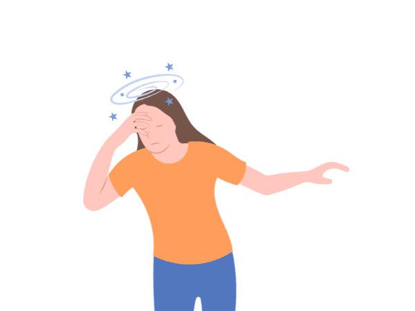Donne che si tiene la testa per paura di svenimento e stress