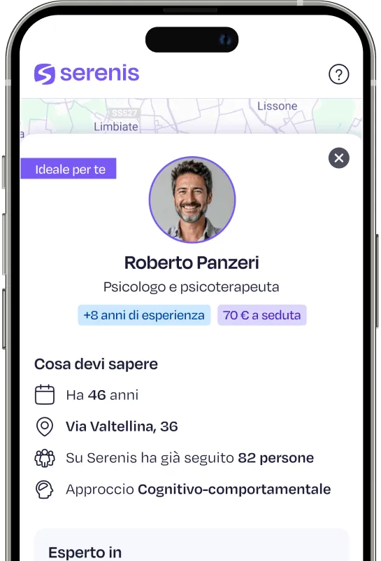 Profilo di un terapeuta sull'app Serenis, con informazioni su esperienza, età, indirizzo e approccio cognitivo-comportamentale. Profilo di un terapeuta sull'app Serenis, con informazioni su esperienza, età, indirizzo e approccio cognitivo-comportamentale.