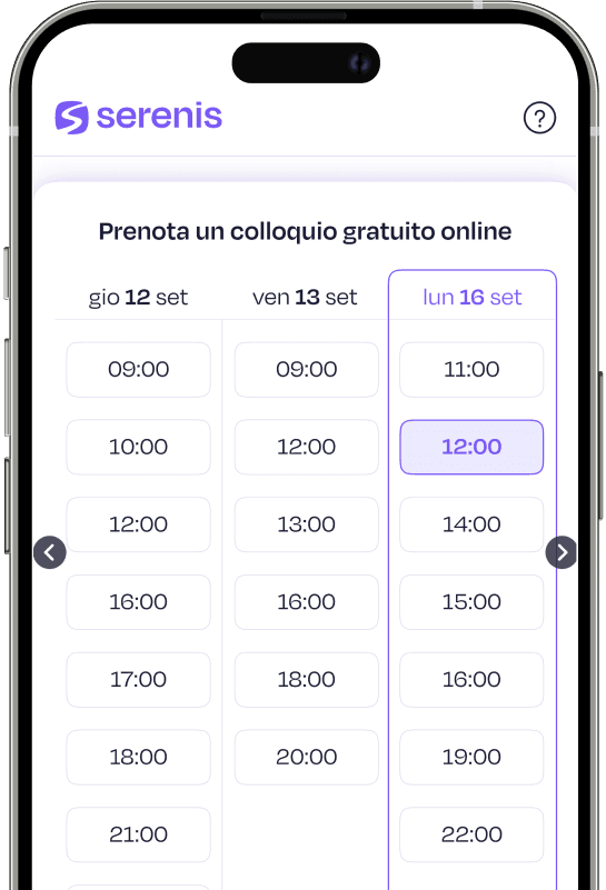 Schermata dell'app Serenis per scegliere motivi della terapia: ansia, tristezza, relazioni o crescita personale.