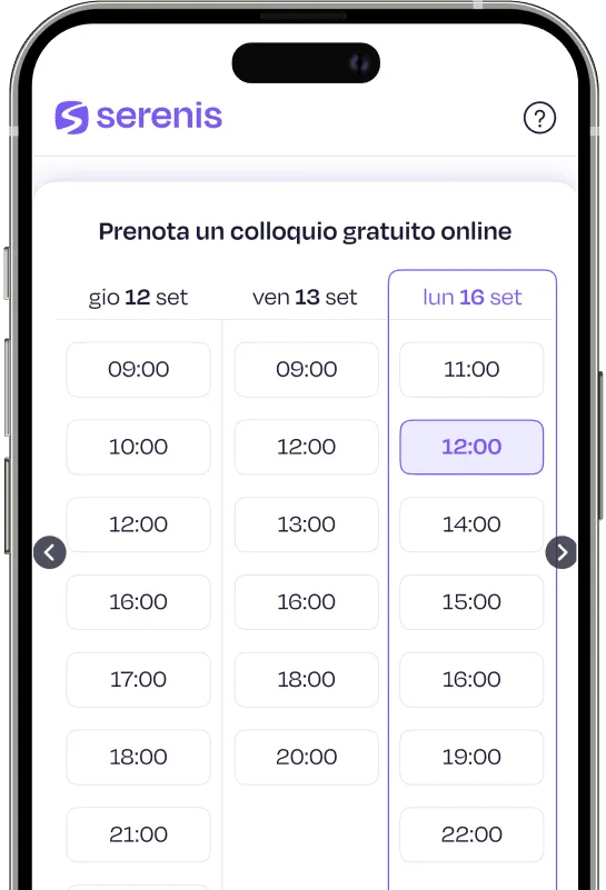 Schermata dell'app Serenis per scegliere motivi della terapia: ansia, tristezza, relazioni o crescita personale. Schermata dell'app Serenis per scegliere motivi della terapia: ansia, tristezza, relazioni o crescita personale.