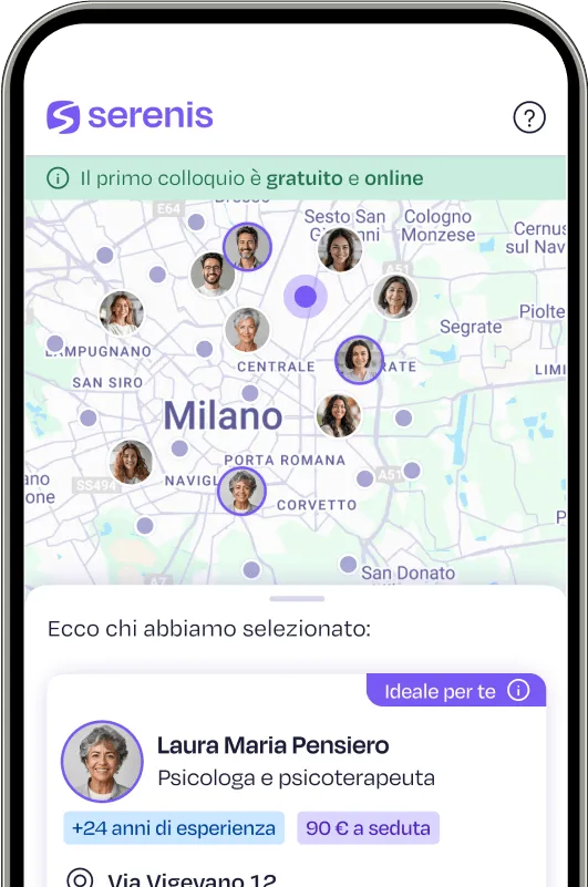 Schermata dell'app Serenis che mostra la mappa con i terapeuti disponibili in zona. Schermata dell'app Serenis che mostra la mappa con i terapeuti disponibili in zona.