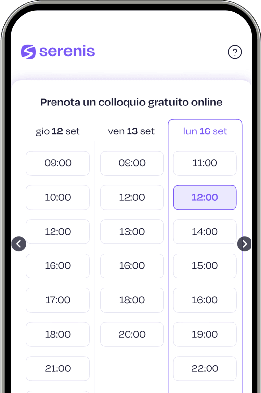 Schermata dell'app Serenis che mostra la selezione degli orari disponibili per un colloquio gratuito online.