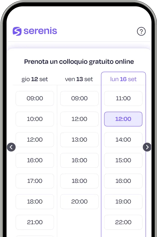 Schermata dell'app Serenis che mostra la selezione degli orari disponibili per un colloquio gratuito online. Schermata dell'app Serenis che mostra la selezione degli orari disponibili per un colloquio gratuito online.