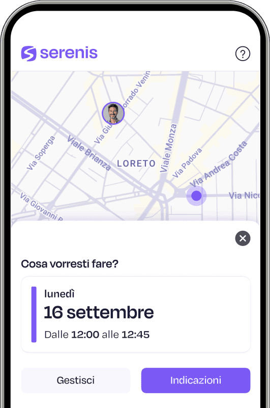 Schermata dell'app Serenis che mostra l'indirizzo dello studio del terapeuta scelto.