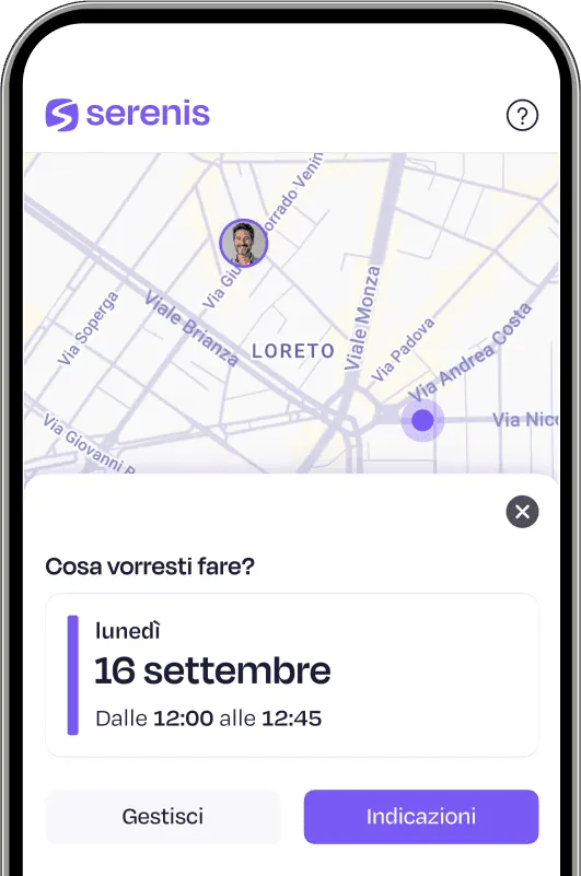 Schermata dell'app Serenis che mostra l'indirizzo dello studio del terapeuta scelto. Schermata dell'app Serenis che mostra l'indirizzo dello studio del terapeuta scelto.